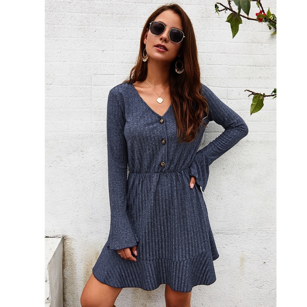 Rib Knit V Neck Navy Short Dress Long Sleeve - Picture 3 of 8